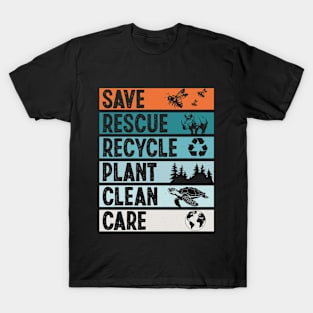 Vintage Earth Day Save Rescue Recycle Plant Clean Care 2024 T-Shirt